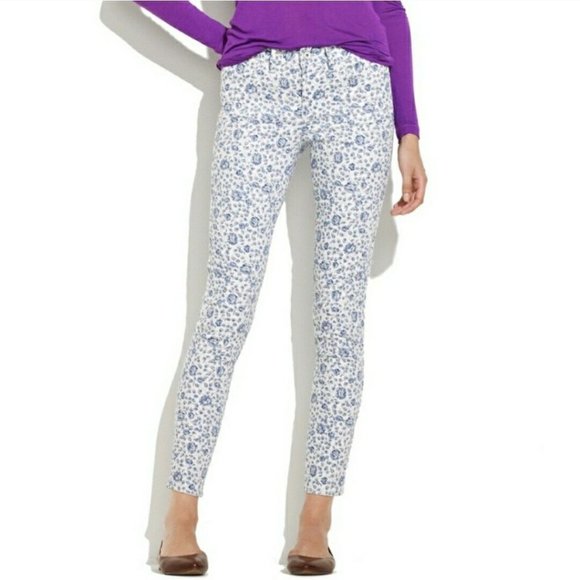 Madewell Pants - MADEWELL Skinny Ankle Jeans Floral Pattern Mid Rise, Size 28 White/blue